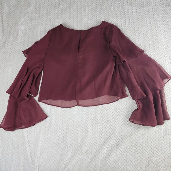 BCBGeneration Women XS Burgundy Chiffon Sheer Bell Sleeve Ruffle Top Indie/Boho - Picture 5 of 10